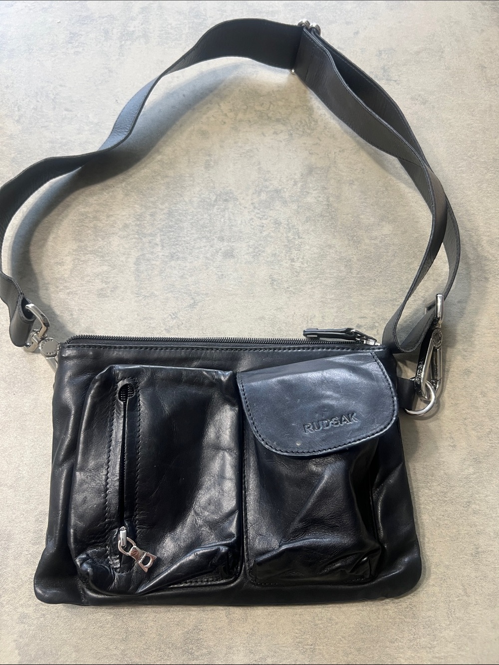RUDSAK Black Leather Belt Bag with Front Pockets